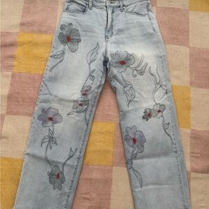 Jessica Simpson Light Wash Jeans with Gray Floral Embroidery and Red Accents